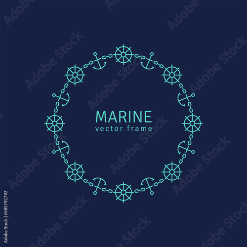 Graphic Design Template for Logo, Labels and Badges. Abstract Line Ornate Frame with Anchors, Waves, Wheel and Chain. Vector illustration.