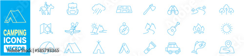 Camping, domestic and tourism thin line web icon set vector illustration.