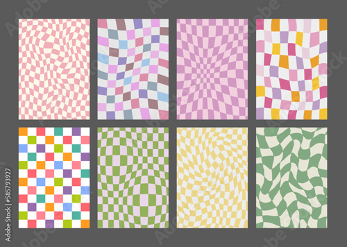 Cool Groovy Pattern Posters Collection. Set of Y2K Textures. Trendy Abstract Geometric Checkered Backgrounds. Funky Retro Vintage Backdrops.