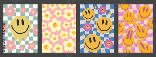Set Of Trendy Groove Smile Patterns. Collection Of Cool Funky Y2K Posters. Retro Vintage Pop Art Backgrounds.