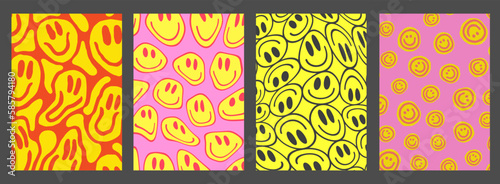 Set Of Trendy Groove Smile Patterns. Collection Of Cool Funky Y2K Posters. Retro Vintage Pop Art Backgrounds.