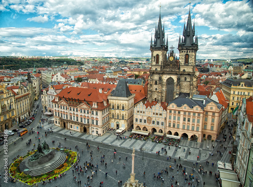 View on the cathedral and the monument in old town square in Prague, in Czech Republic