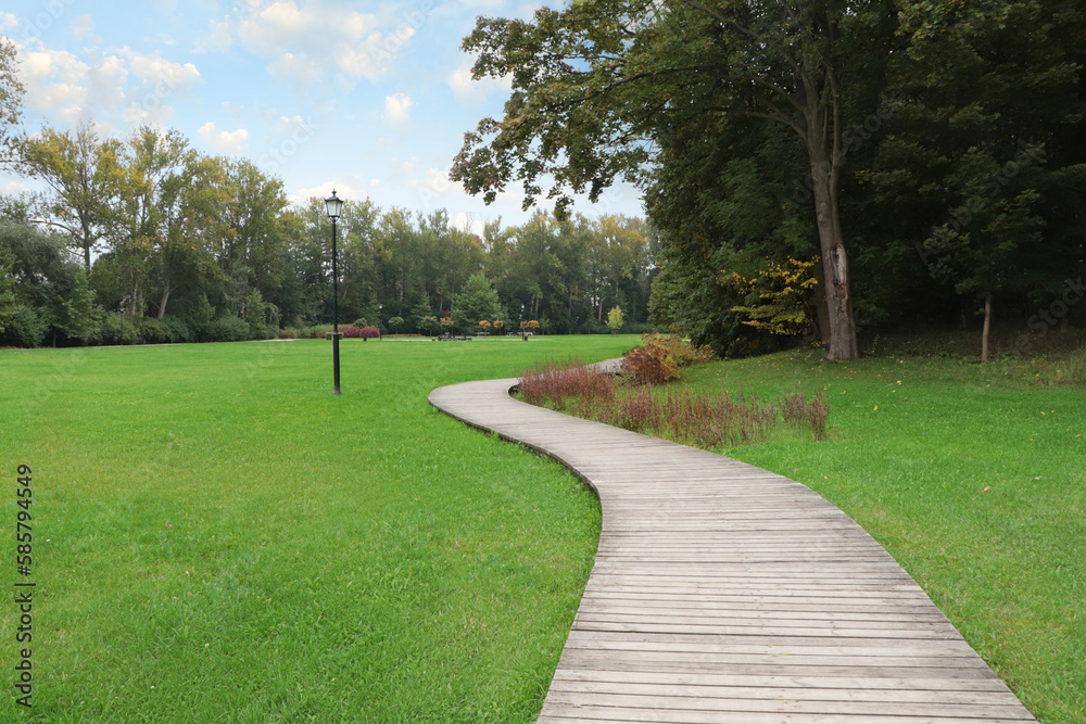 Beautiful public city park with pathway and green grass