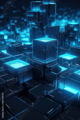 Abstract background, blue neon glowing cubes. Vertical background. AI generative.