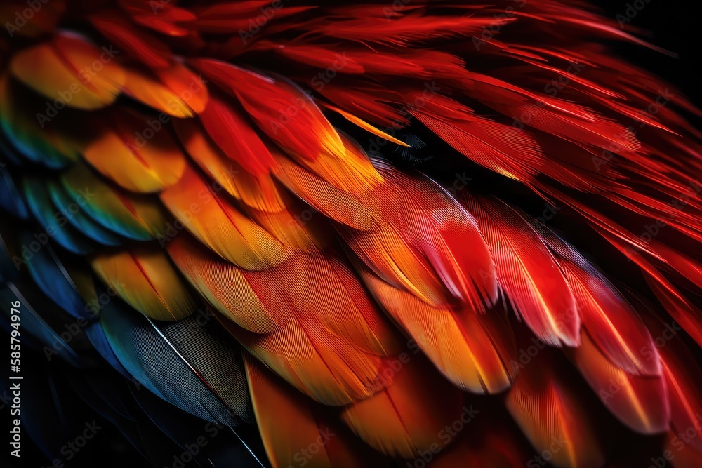 Obraz premium Red, orange, yellow wing feathers of macaw parrot, colorful tropical background. Generative AI