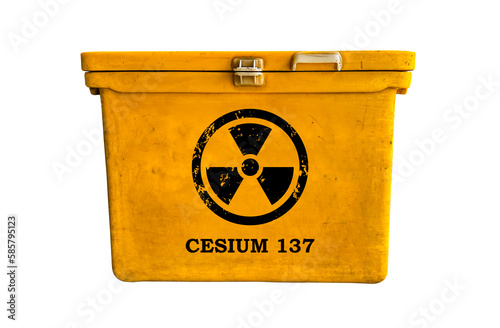 Black radioactive sign with text cesium 137 on yellow container isolated with clipping paths on white background