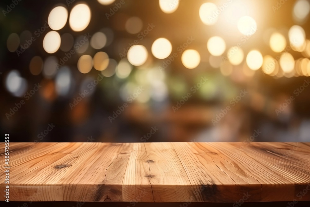 Empty Wooden Table with Blurred Restaurant Bokeh Background for product or your coffee