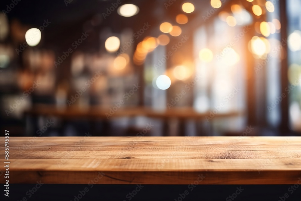 Empty Wooden Table with Blurred Restaurant Bokeh Background for product or your coffee