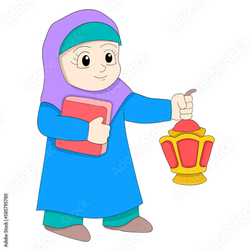 islamic girl is walking carrying lantern and holy book