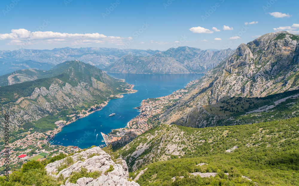 Aerial view of Kotor Bay, Montenegro. Bright sunny day, blue sky.