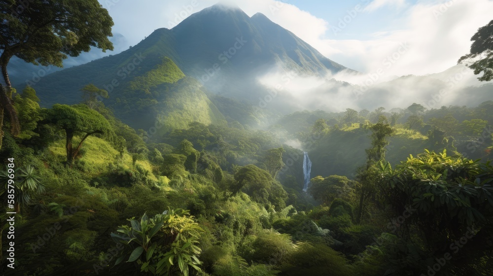 Obraz premium An intriguing tropical forest landscape, featuring volcanic elements and rich greenery, created by AI.