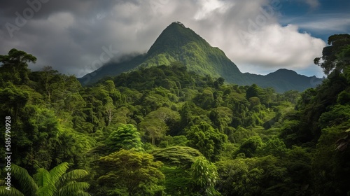 An intriguing tropical forest landscape  featuring volcanic elements and rich greenery  created by AI.