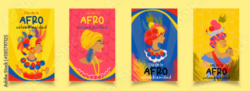 Afro-Colombian Day greeting banner set up in Colombia, colorful flyer In Spanish: Afro-Colombian Day. Colombian woman in folk dress with feathers and fruits on her head