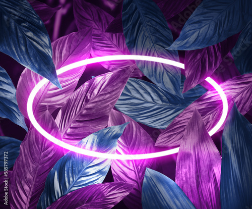 Bright tropical leaves and glowing neon frame