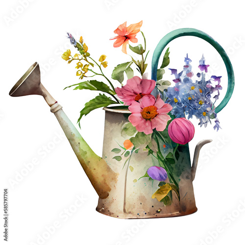 Watercolor Rusty iron watering can with the flower bouquet. Farmhouse style illustration. Vintage french country design, PNG Background, Generative AI