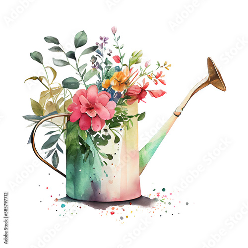 Watercolor Rusty iron watering can with the flower bouquet. Farmhouse style illustration. Vintage french country design, PNG Background, Generative AI