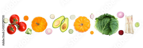 Collage with many vegetables on white background, top view