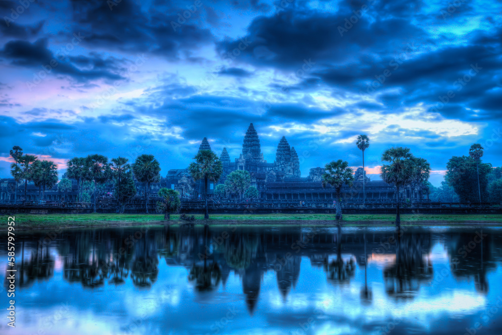 High dynamic range (hdr) image of Angkor Wat - famous Cambodian landmark - on sunrise. Siem Reap, Cambodia