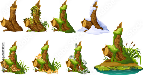 Cartoon broken tree in moss in swamp jungle. Stump with liana branches, ivy, cattails, bulrush. Log in honey mushrooms, under snow, with fungus. Isolated vector elements game on white background.