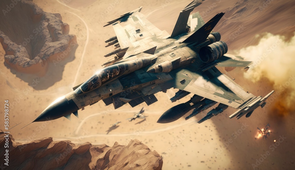 aerial high view of a generic military fighter jet crosses over a ...