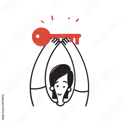 hand drawn doodle woman holding key illustration vector