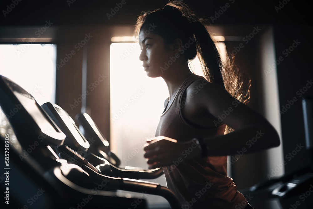 Young asian woman running on the tradmill at the gym, Generative AI illustration Young asian woman running on the tradmill at the gym, Generative AI illustration