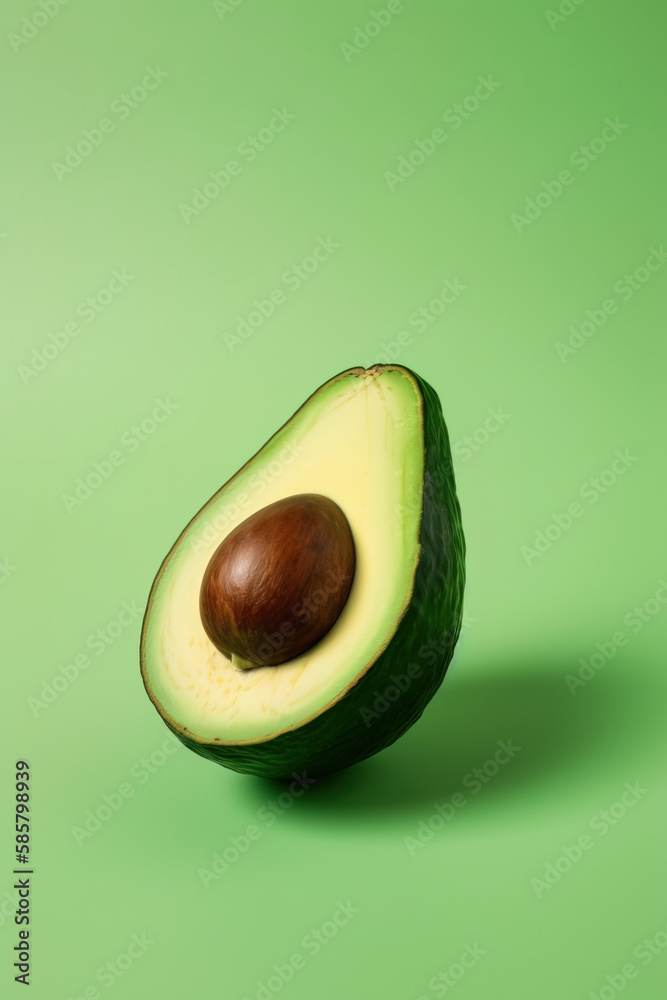 Sliced avocado on green background, Generative AI illustration