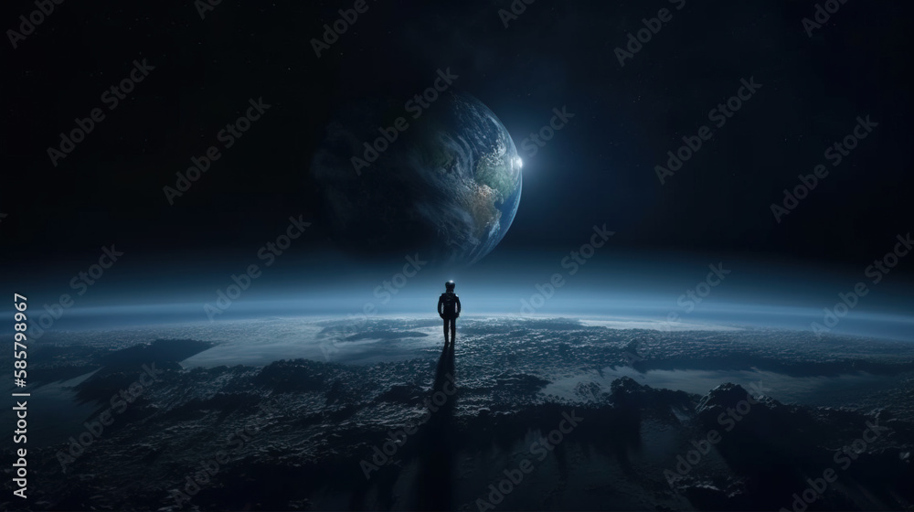 Far from earth , with man looking at planet earth from far away