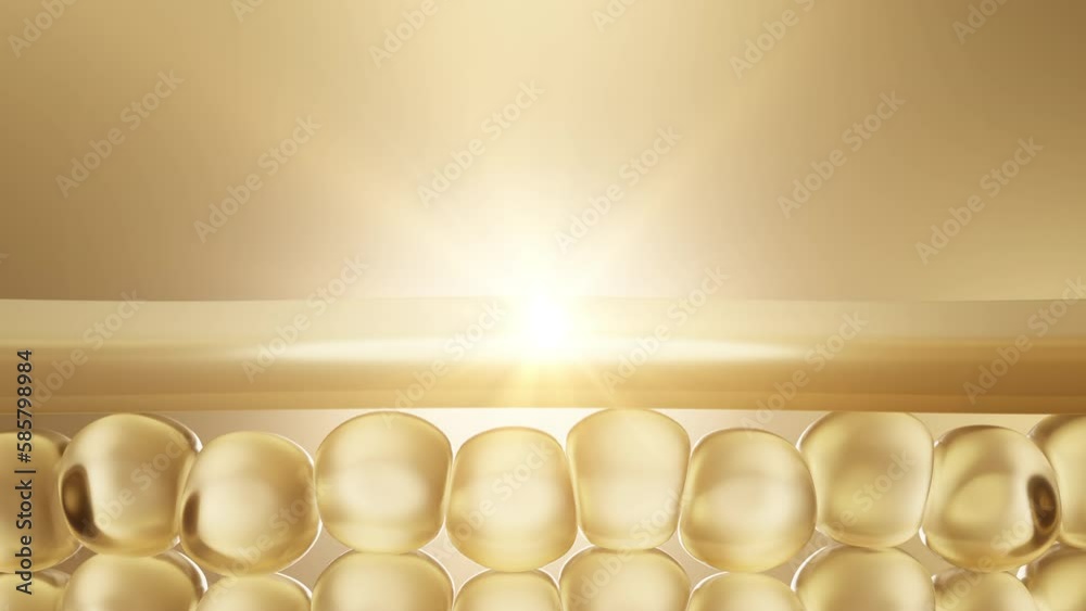 3D animations of vitamin complex serums, creams, and lotions that drip into the skin cells combine to nourish the skin.
