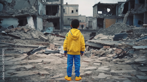Young boy in Ukraine colors clothes standing in front of destroyed buildings, Generative AI illustration