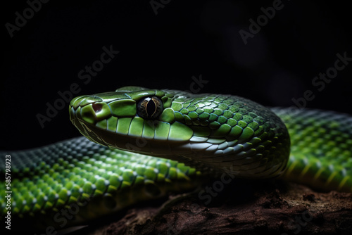 Close up portrait of green snake, Generative AI illustration