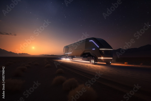Futuristic truck driving on road at sunset, Generative AI illustration © IBEX.Media