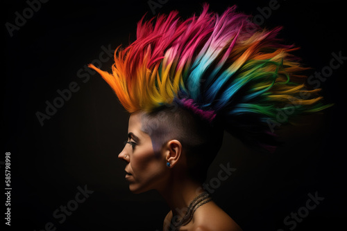 Portrait of rebellious young woman with rainbow color Mohawk , Generative AI illustration