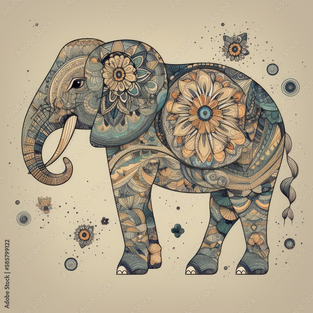 Obraz premium A geometric elephant composed of squares, circles, and floral patterns, with a background featuring traditional tribal motifs and minimal boho designs. generative ai