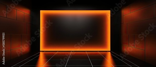 black 3d render podium spotlight orange neon light glowing background, digital ai art 