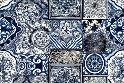 decorative blue and white tile pattern with intricate designs and details. Generative AI