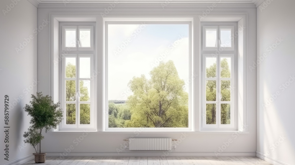 Fototapeta premium White empty room with summer landscape in window. Scandinavian interior design. generative ai