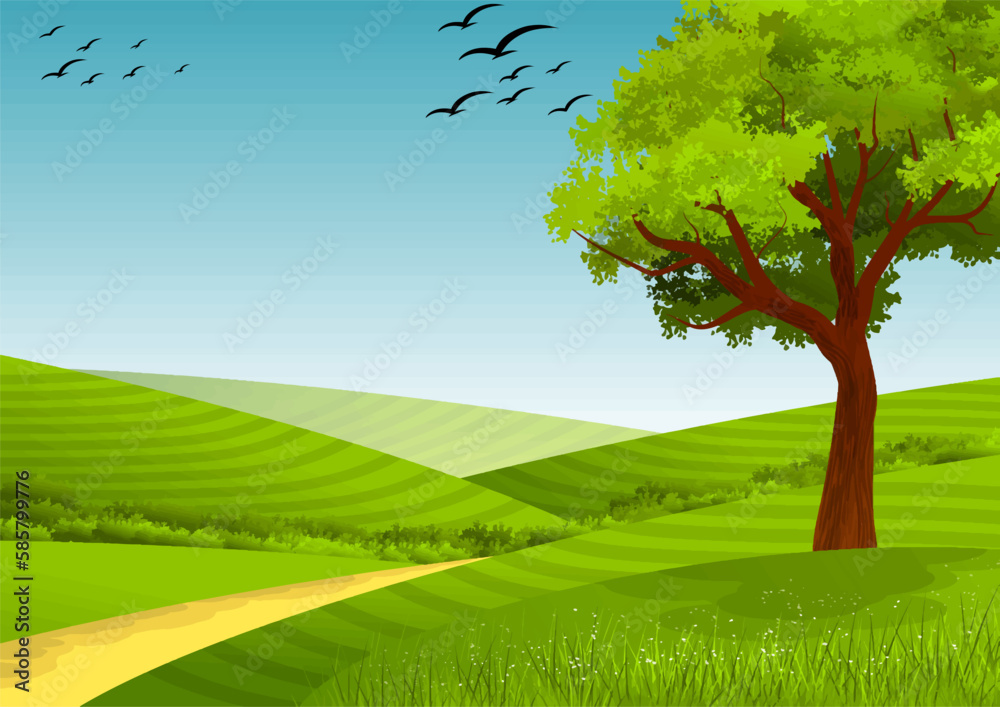 Obraz premium Landscape illustration of flying bird, tree and grass hills on sky blue background