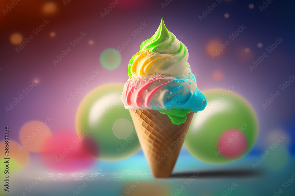 Ice cream in a waffle cone on a dark background. 3d rendering. Generative AI technology.