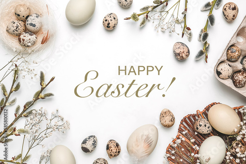 Photography Happy easter flat lay composition with eco friendly easter eggs decor on white background