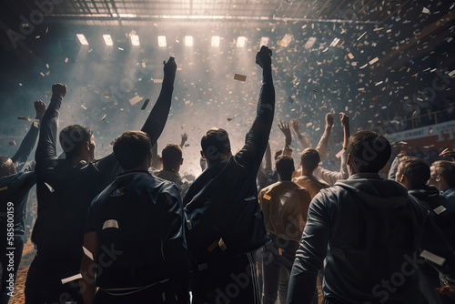 Back view of unrecognizable fans raising arms while celebrating victory in soccer stadium. Generative AI