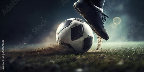 Side view of football boot kicking a soccer ball. Generative AI photo