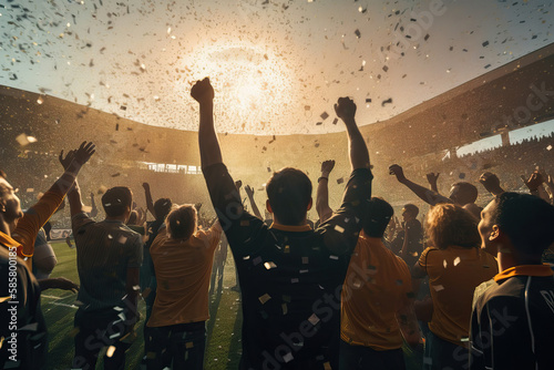 Back view of unrecognizable fans raising arms while celebrating victory in soccer stadium. Generative AI photo