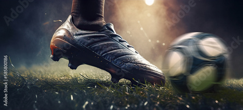 Side view of football boot kicking a soccer ball. Generative AI photo