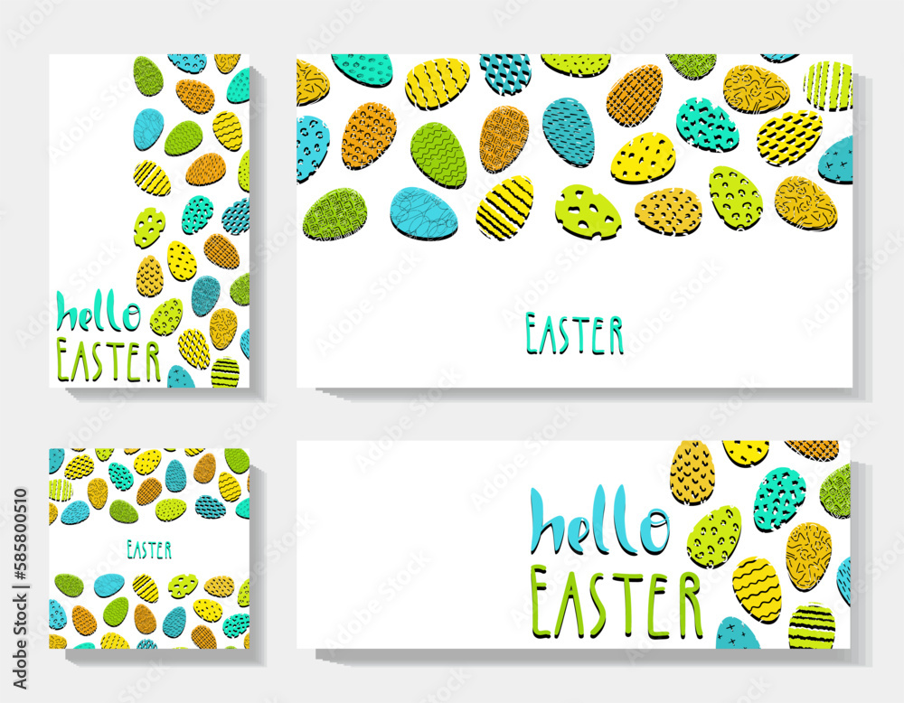 Easter cards with a pattern of colored textured eggs. Colorful spring flat vector illustration.
