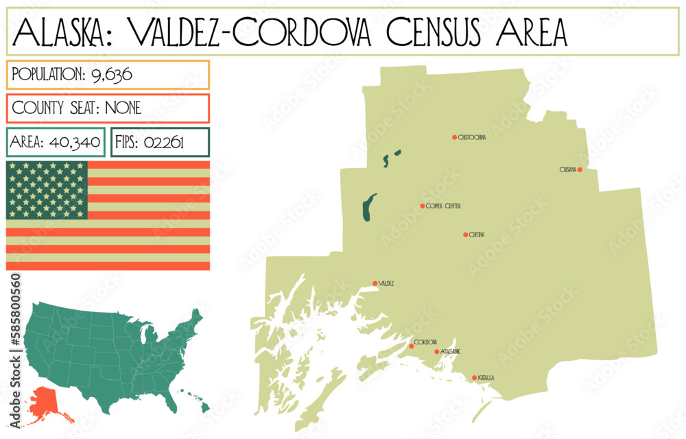 Large and detailed map of Valdez-Cordova Census Area in Alaska, USA.