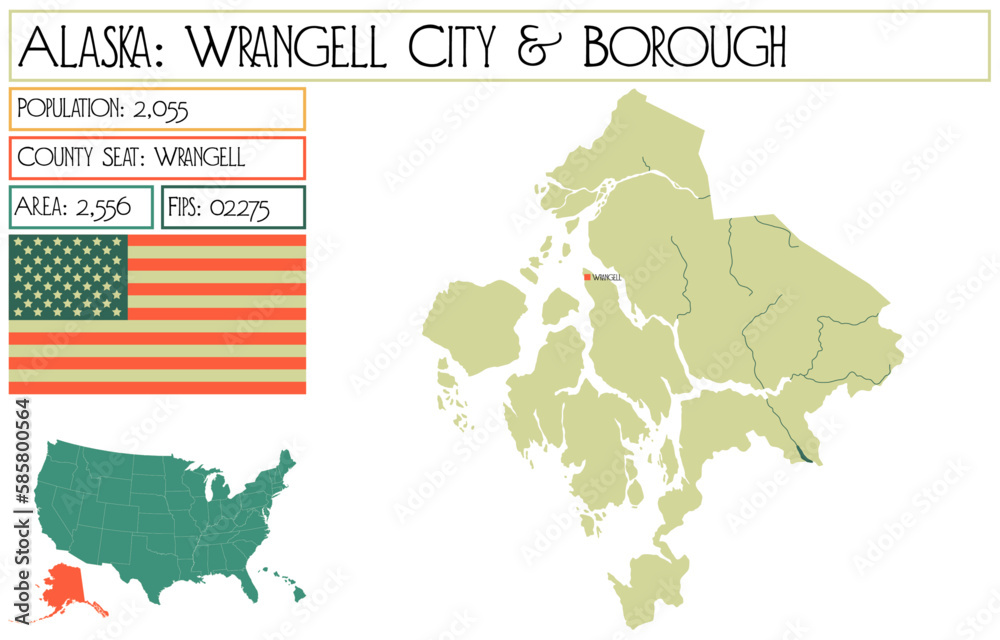 Large and detailed map of Wrangell City & Borough in Alaska, USA.