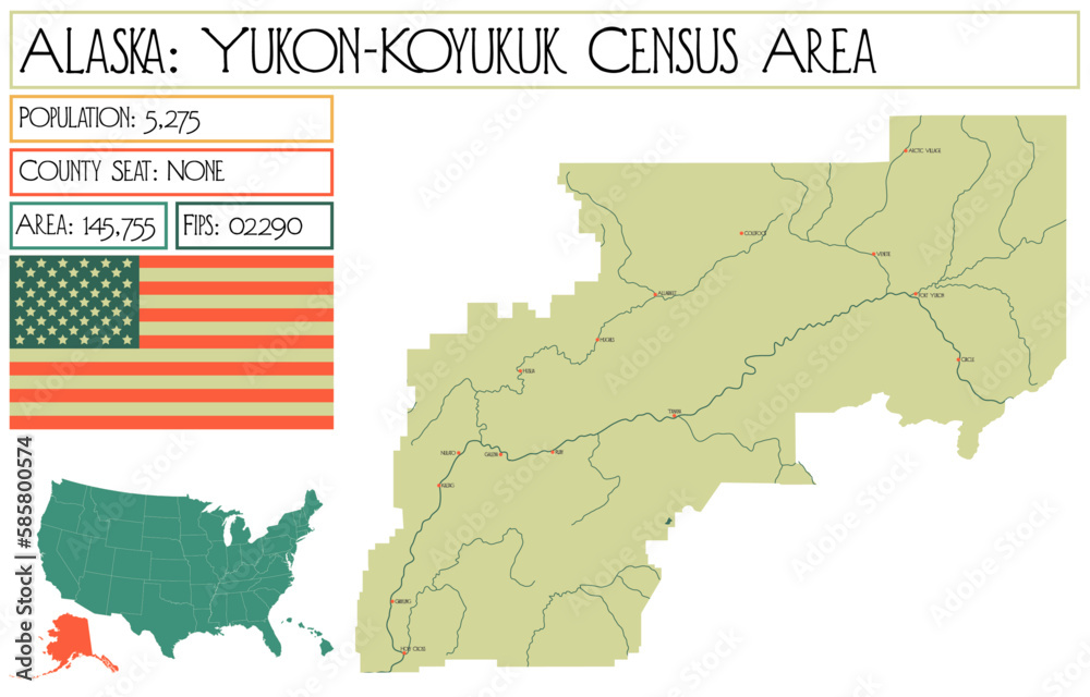 Obraz premium Large and detailed map of Yukon-Koyukuk Census Area in Alaska, USA.