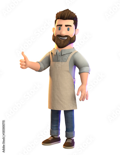 Smiling barista or small business owner or entrepreneur with a thumbs up showing success 3d illustration, 3d character