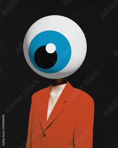 Woman in colorful red jacked headed with giant eye over black background. No emotions and feelings. Apathy. Contemporary art collage.